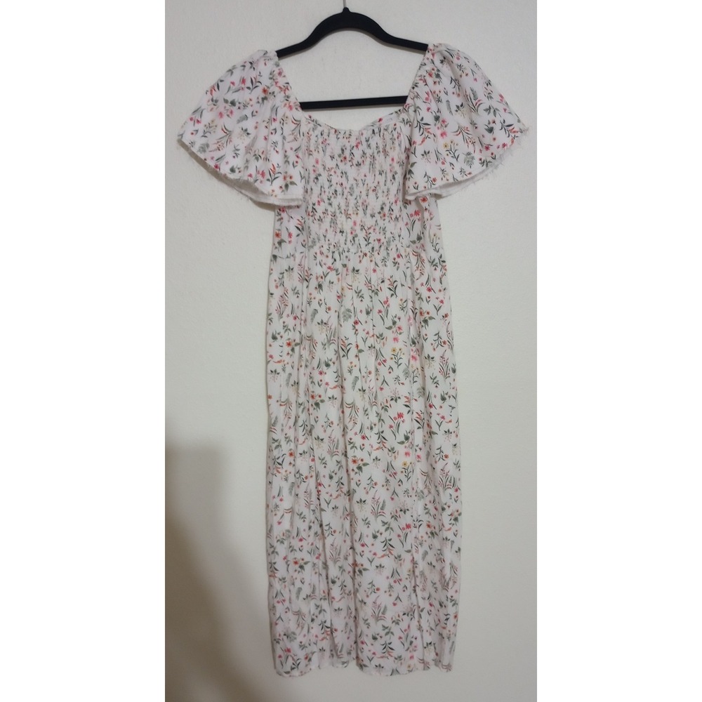 Old Navy Floral Flutter Sleeve Smocked Midi Dress White XS Cottagecore Boho - Picture 2 of 5